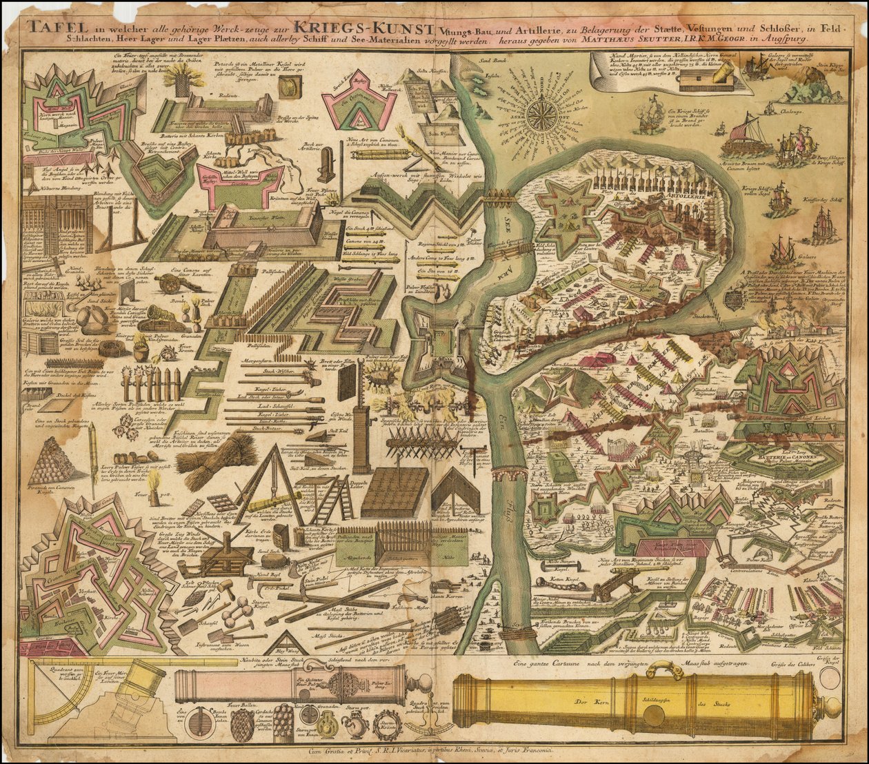 1720 allegorische kaart van Seutter met de kunst van oorlog voeren, over land en over zee door Matthäus Seutter