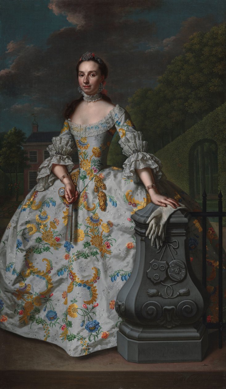 Portret van Charlotte Beatrix Strick van Linschoten (b. 1732), tweede vrouw van Gerard Cornelis van Riebeeck, vermoedelijk voor haar landhuis Eemwijck in Voorburg door Mattheus Verheyden