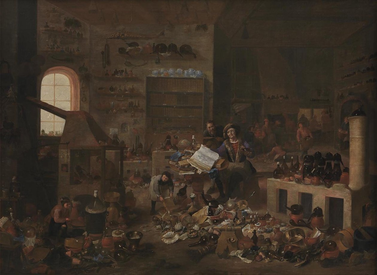 Een alchemist in zijn laboratorium door Mattheus van Helmont