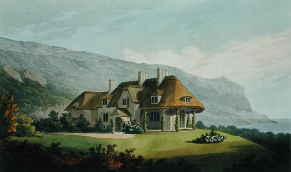 Rieten strandvilla voor James Vine Esq., in Puckaster, Isle of Wight, uit Villa Architectuur: een verzameling van uitzichten, met plannen, van gebouwen uitgevoerd in Engeland en Schotland, door Robert Lugar door Matthew Dubourg