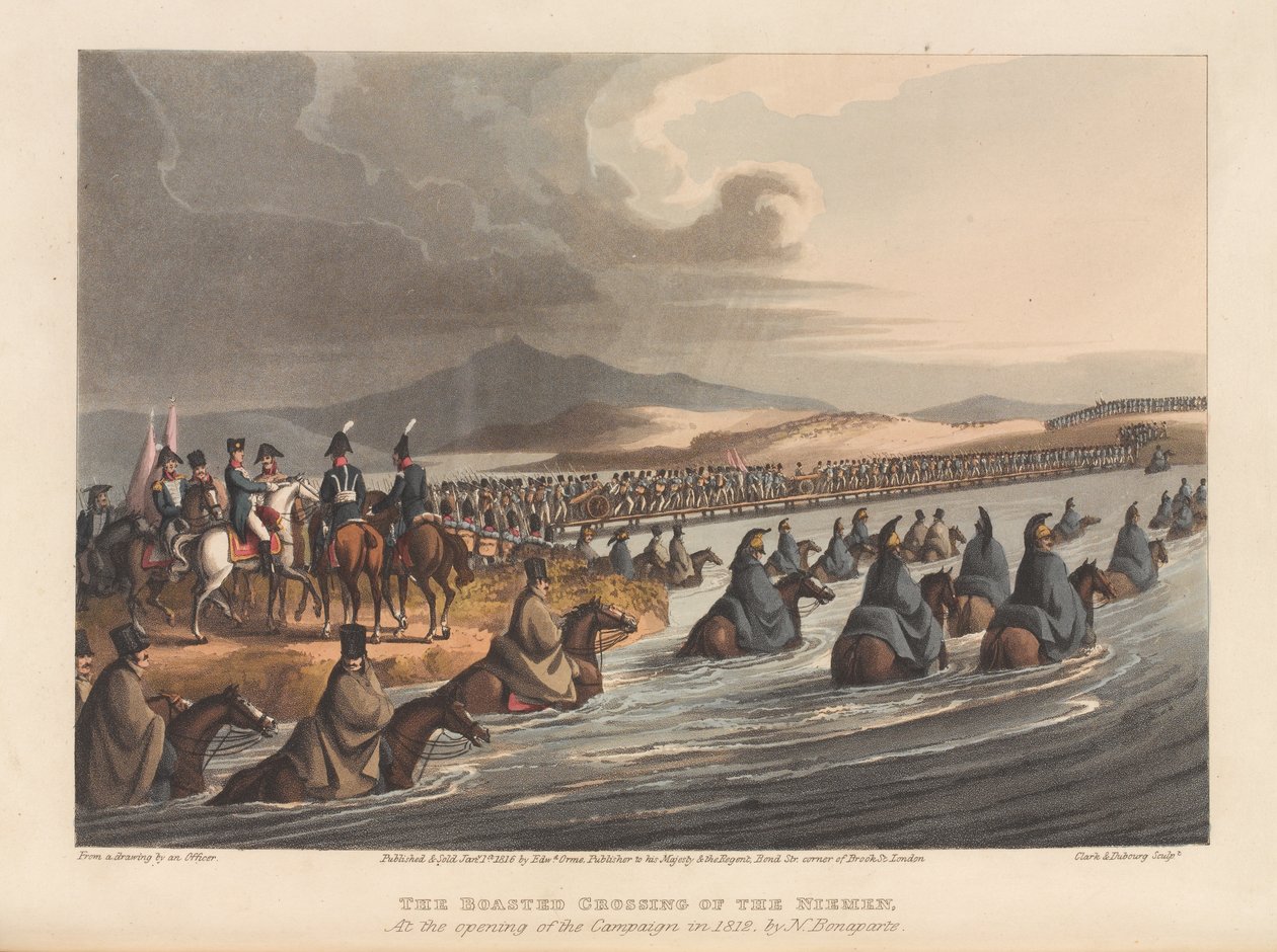 De oversteek van de Niemen bij de opening van de campagne in 1812 (prent) door Matthew Dubourg
