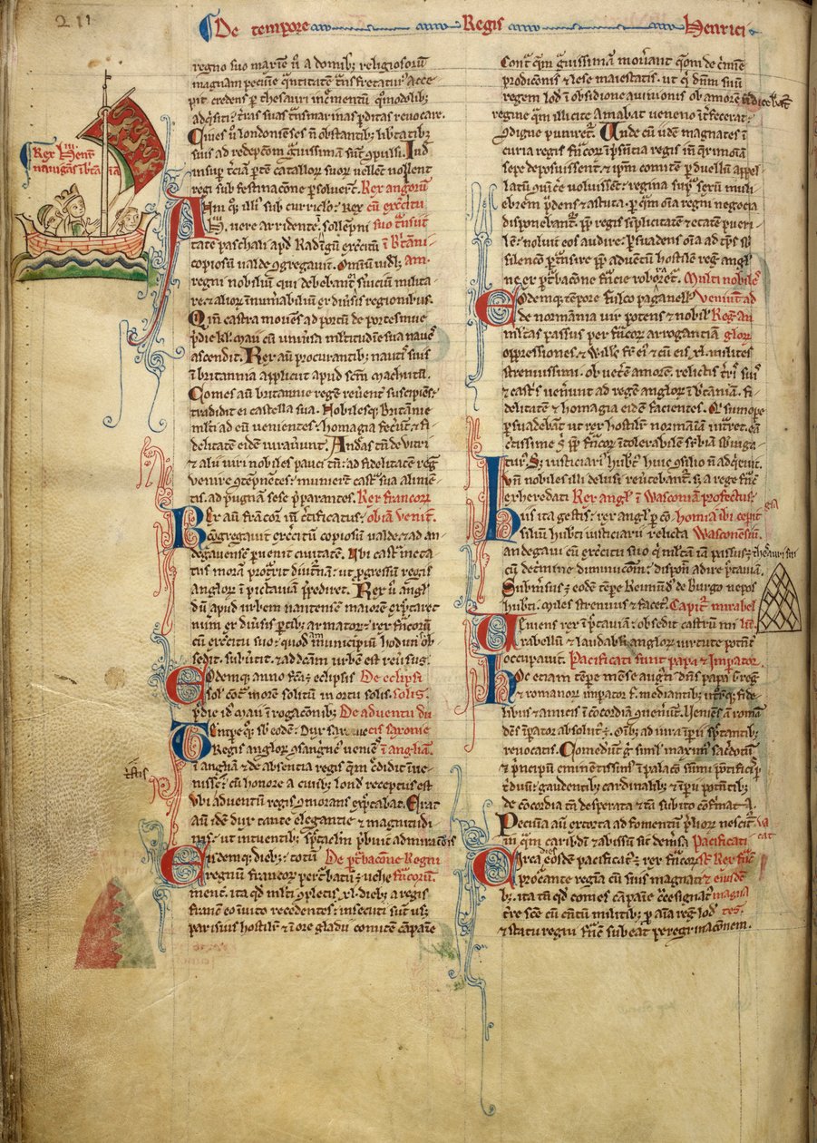 Royal 14 C. VII, f.116v Marginale tekening van Koning Hendrik III die het Engelse Kanaal oversteekt naar Bretagne, met een deel van de begeleidende tekst in het handschrift van de auteur, illustratie uit 