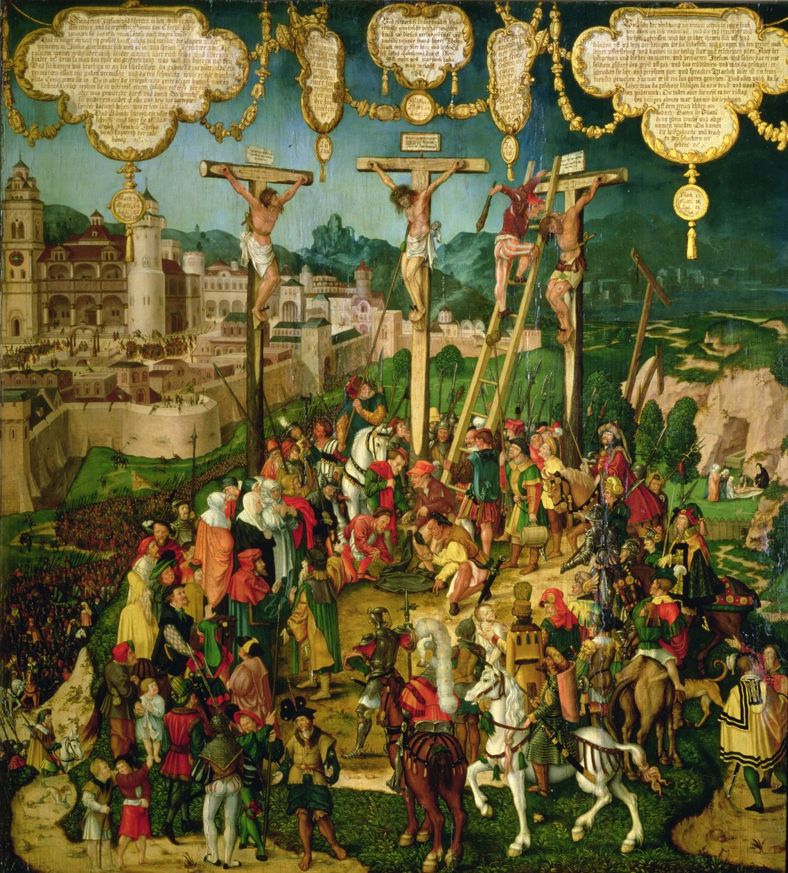 Kruisiging, centraal paneel van het Mompelgarter Altaarstuk door Matthias Gerung or Gerou