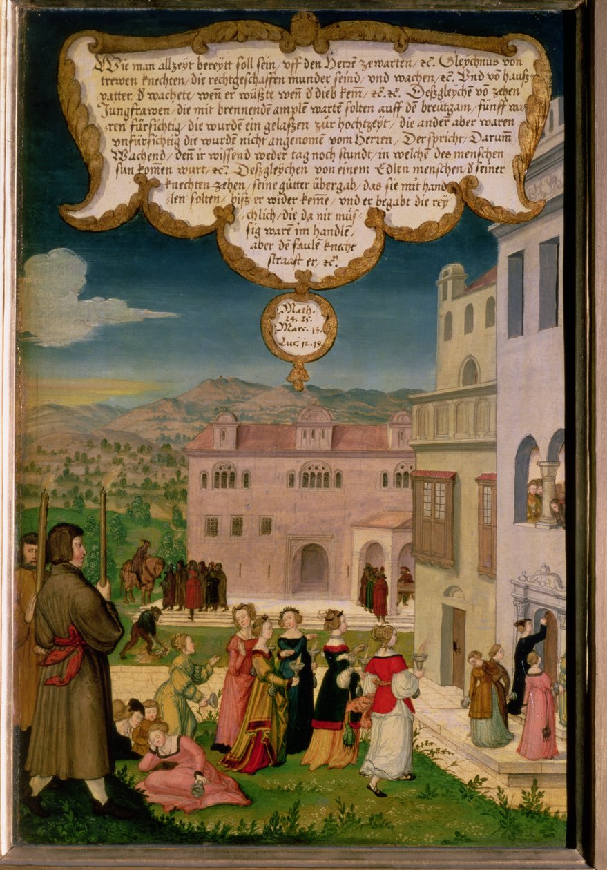 De gelijkenis van de wijze en dwaze maagden, deel van vleugelpaneel van het Mompelgarter altaarstuk (detail) door Matthias Gerung or Gerou