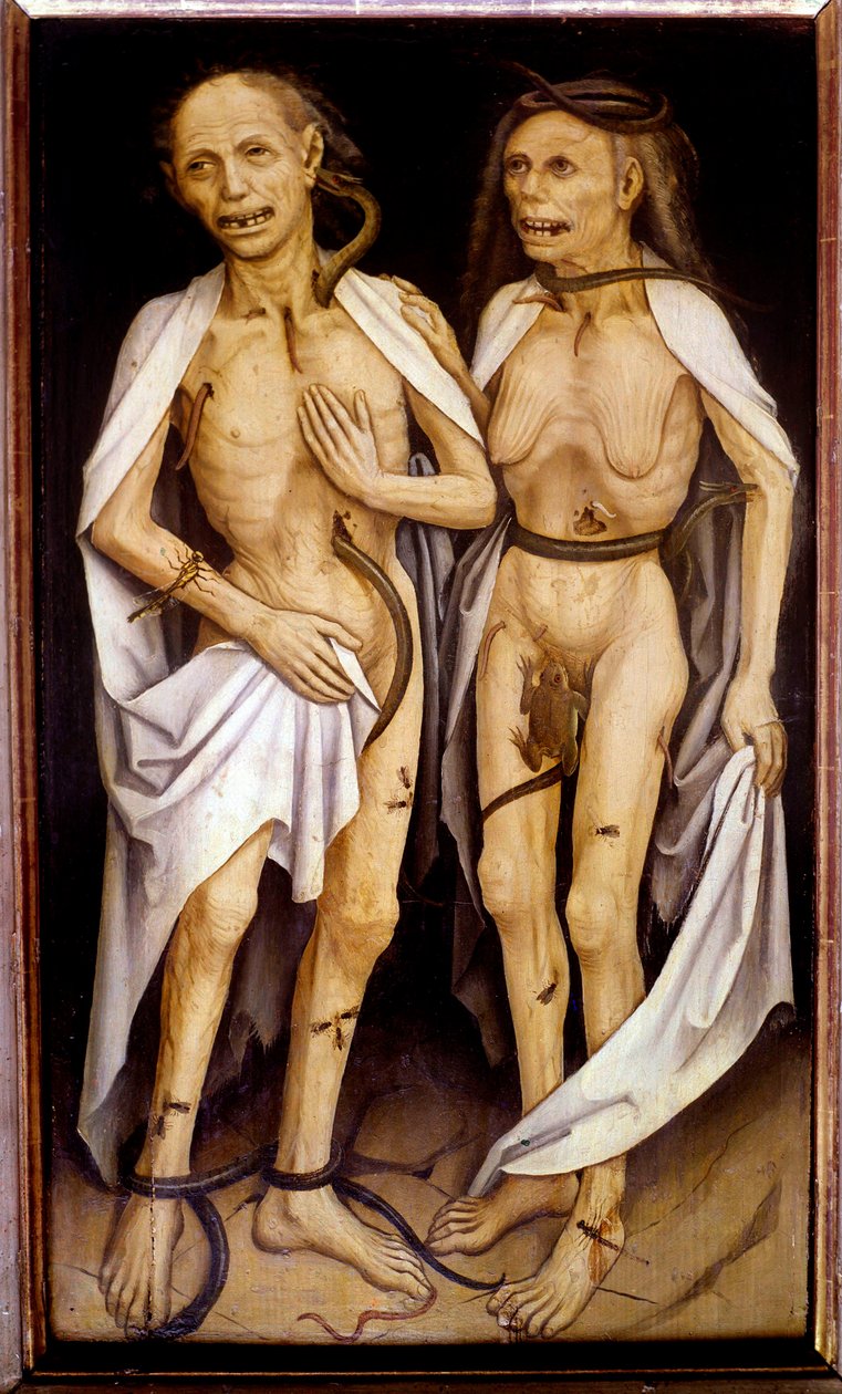Overleden geliefden, een ouder echtpaar met lichamen in ontbinding doorboord door slangen en bedekt met insecten herinneren aan Adam en Eva door Matthias (c.1480 1528) Grunewald
