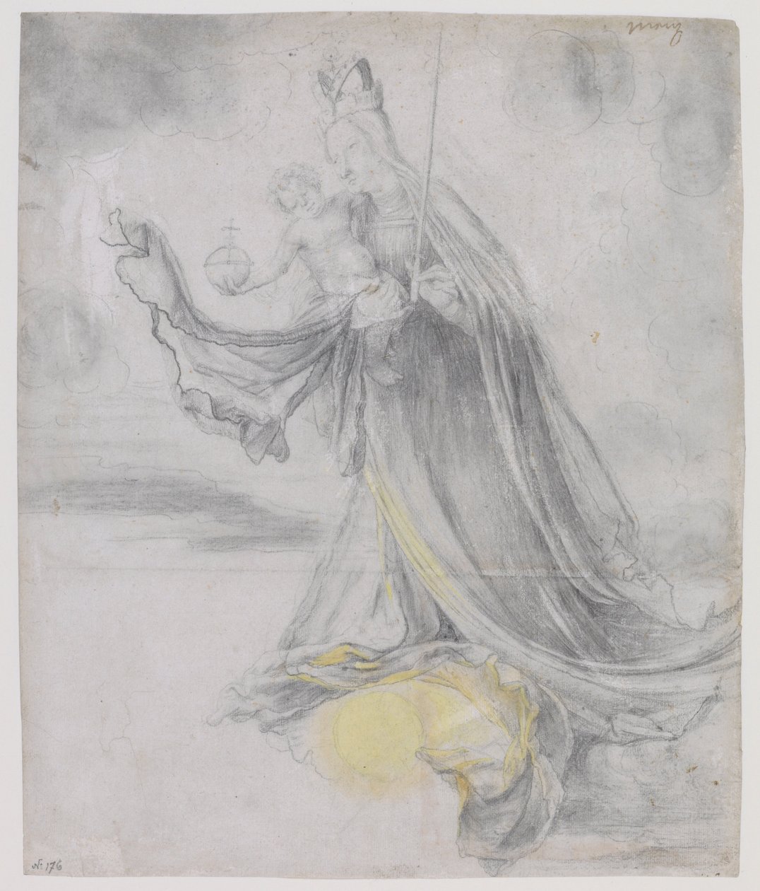 Maagd en kind in de wolken, ca. 1509-11 (houtskool en gele verf op papier) door Matthias (c.1480 1528) Grunewald