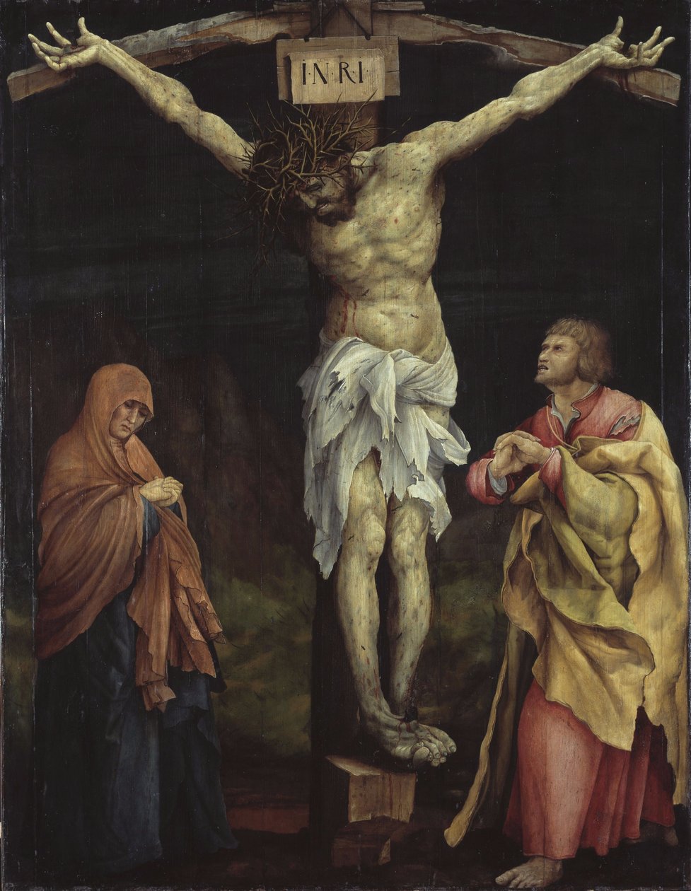 Duits: Tauberbischofsheim altaarstuk, scène: Christus aan het kruis tussen Maria en Johannes Tauberbischofsheim altaarstuk door Matthias Grünewald