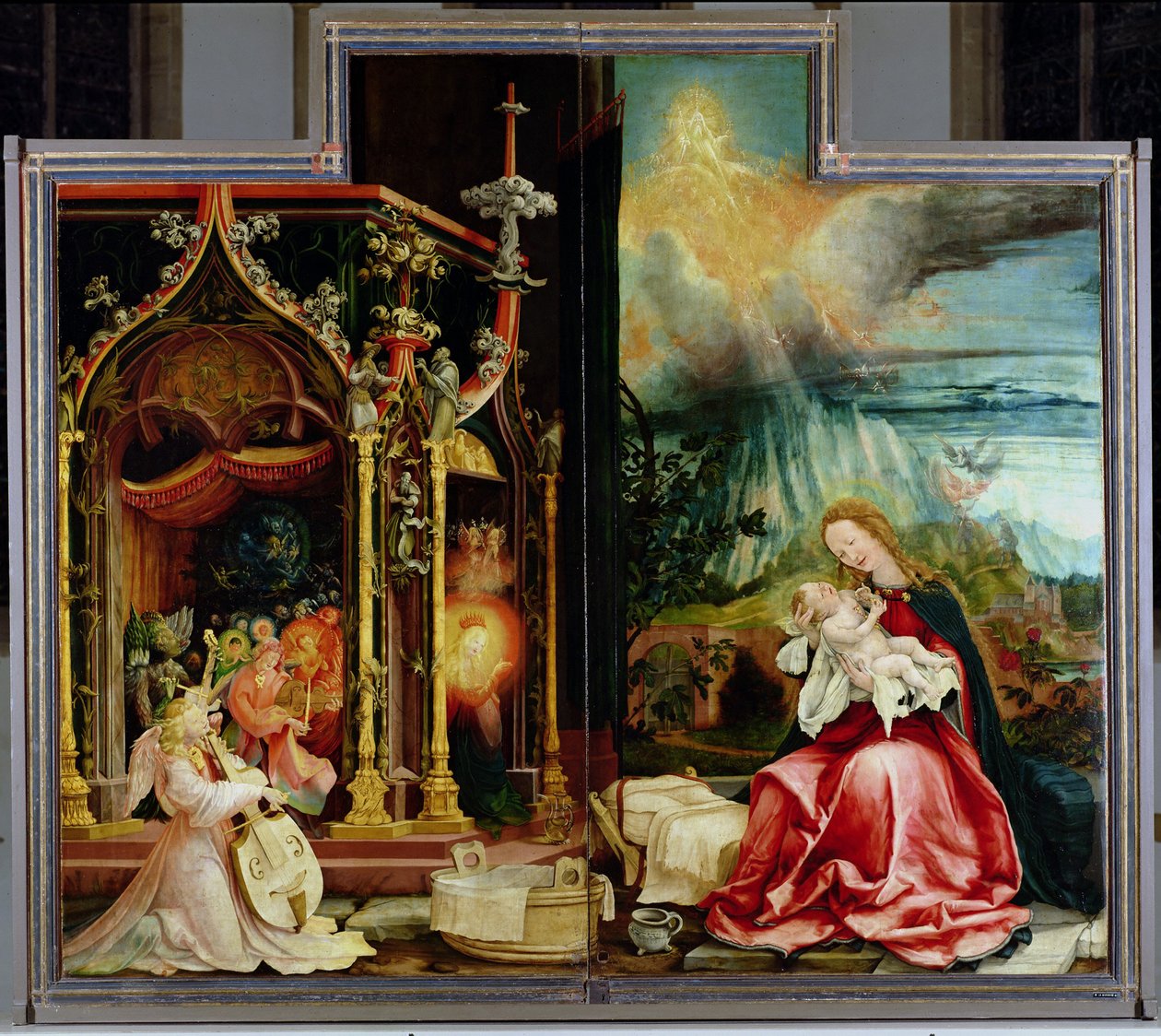 Het Isenheim Altaarstuk. Centraal paneel: Concert van Engelen en Geboorte, 1506-1515 door Matthias Grünewald