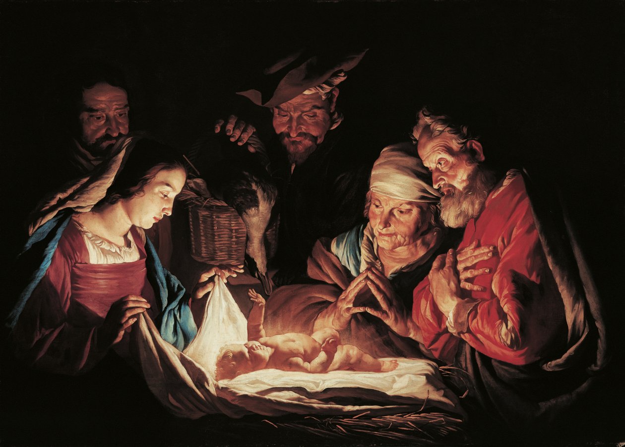 De aanbidding van de herders door Matthias Stom