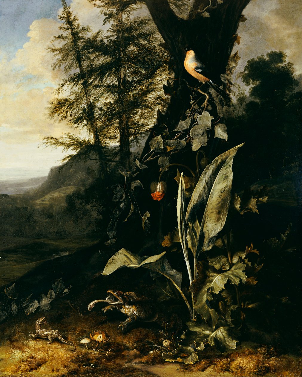 Een bosbodem met een pad en een hagedis, een goudvink op een klimop tak erboven, en een berg op de achtergrond door Matthias Withoos