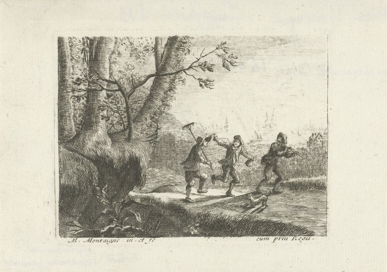 Landschap met drie dansende boeren door Matthieu van Plattenberg