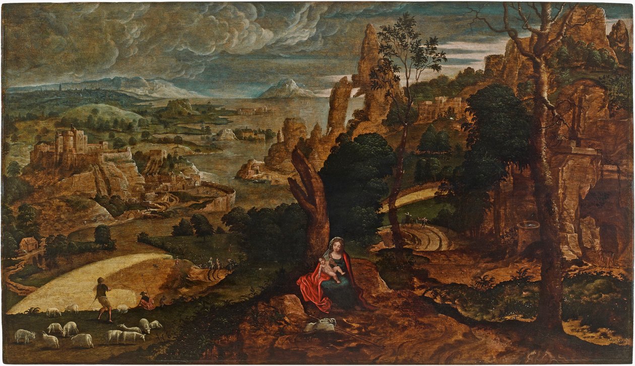 Landschap met de rust tijdens de vlucht naar Egypte, 1540-1545 door Matthijs Cock