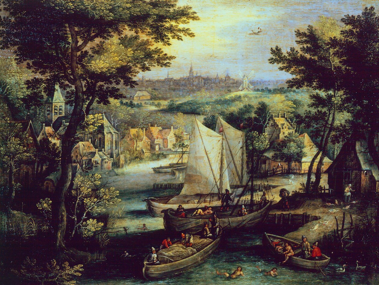 Rivierlandschap, door Mathys Bril de Jongere (1550-1583) door Matthijs the younger Bril