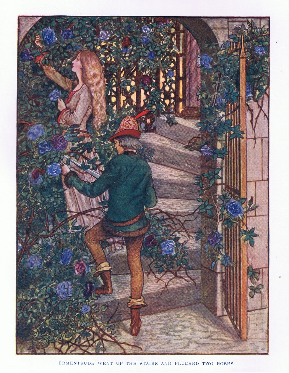 Ermentrude ging de trap op en plukte de rozen, illustratie uit Lady Anns Sprookjes, 1914 door Maud Tindal Atkinson