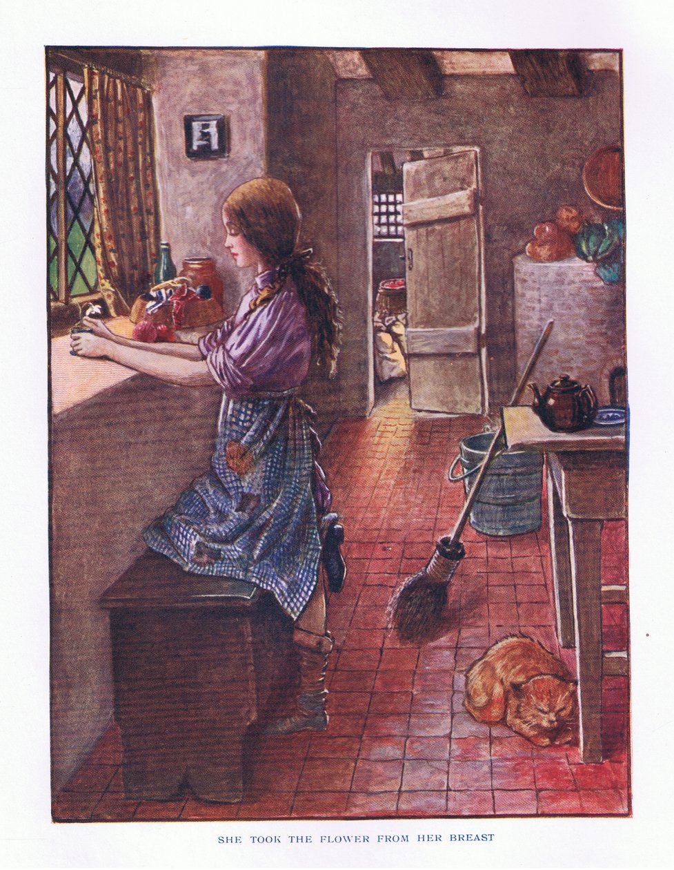 Ze nam de bloem van haar borst, illustratie uit Lady Anns Sprookjes, 1914 door Maud Tindal Atkinson