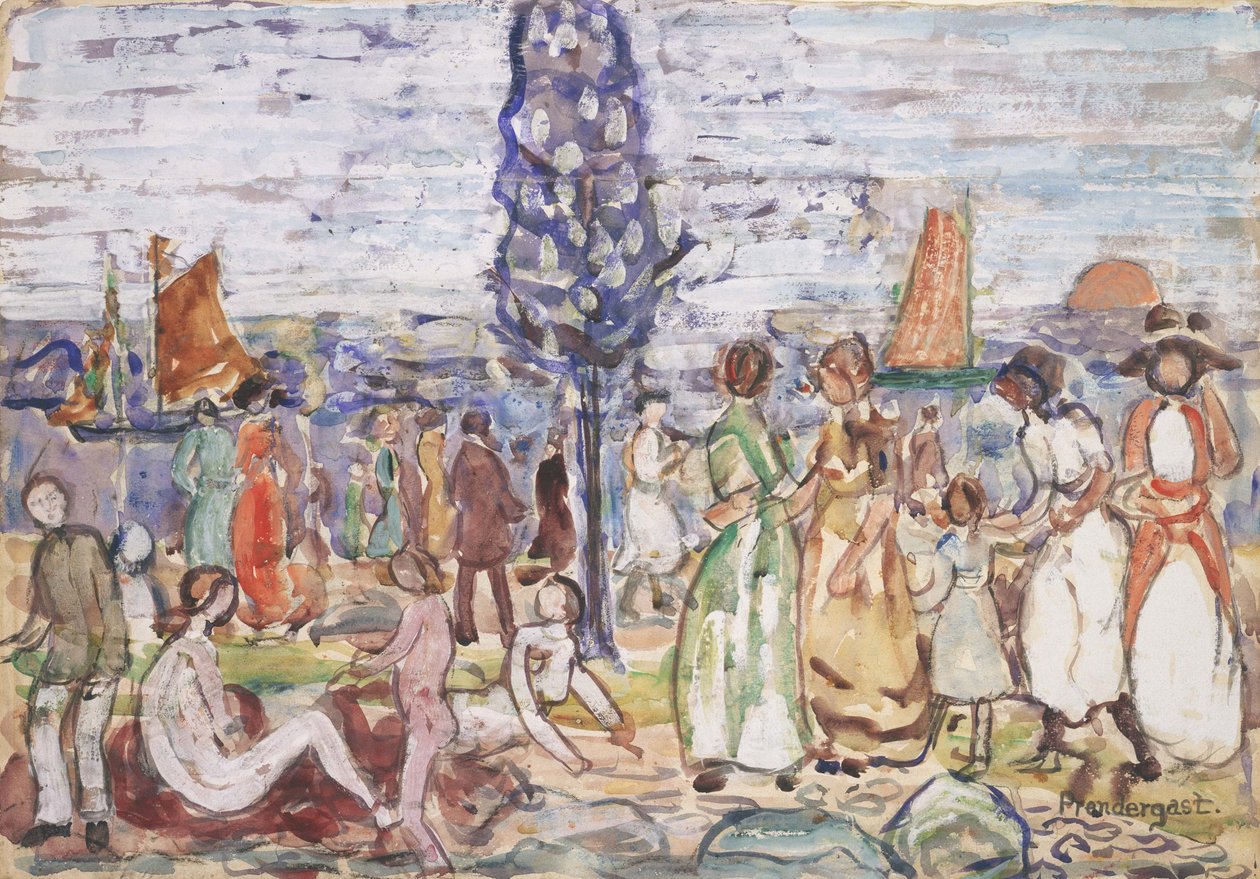 Strand met blauwe boom door Maurice Brazil Prendergast