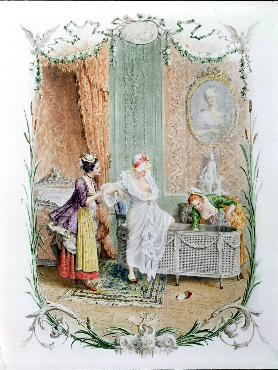 Het ochtendbad, illustratie van het elegante Parijse leven in de tweede helft van de 18e eeuw, ca. 1890 door Maurice Leloir