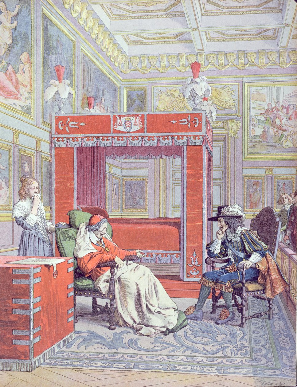 De dood van Armand-Jean du Plessis, Kardinaal Richelieu (1585-1642), illustratie uit een leven van Richelieu door Theodore Camu, 1910 door Maurice Leloir