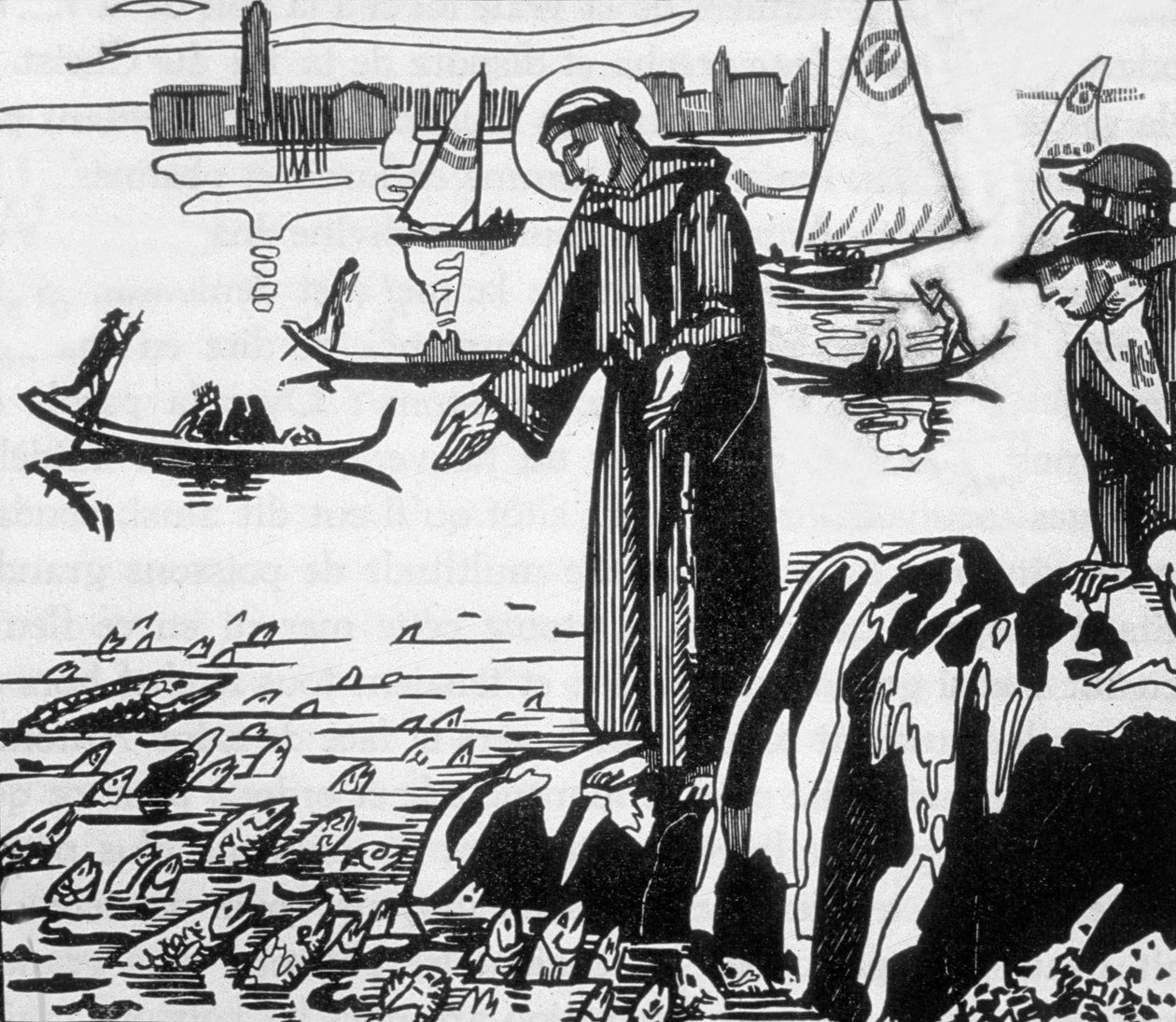 St. Franciscus van Assisi preekt voor vissen in Rimini, gegraveerd door Jacques Beltrand naar een tekening van Maurice Denis door Maurice (after) Denis