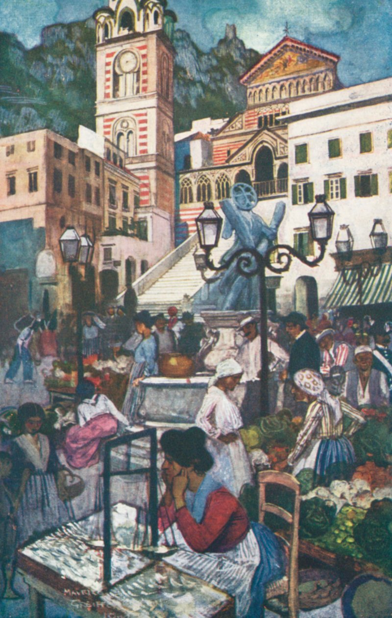 Amalfi, Piazza en Duomo (kleurenlitho) door Maurice (after) Greiffenhagen