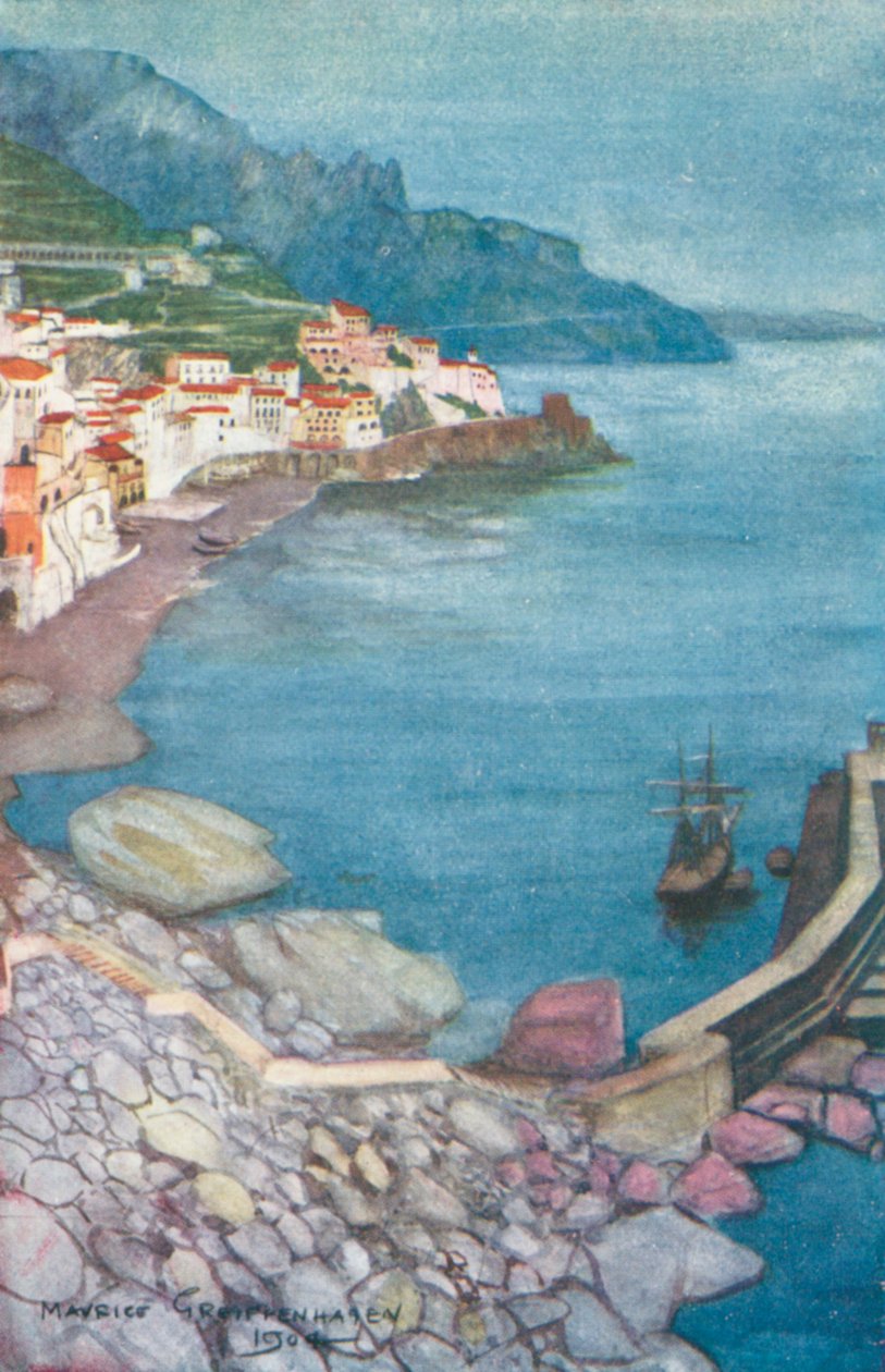 Avond in Amalfi (kleurenlitho) door Maurice (after) Greiffenhagen