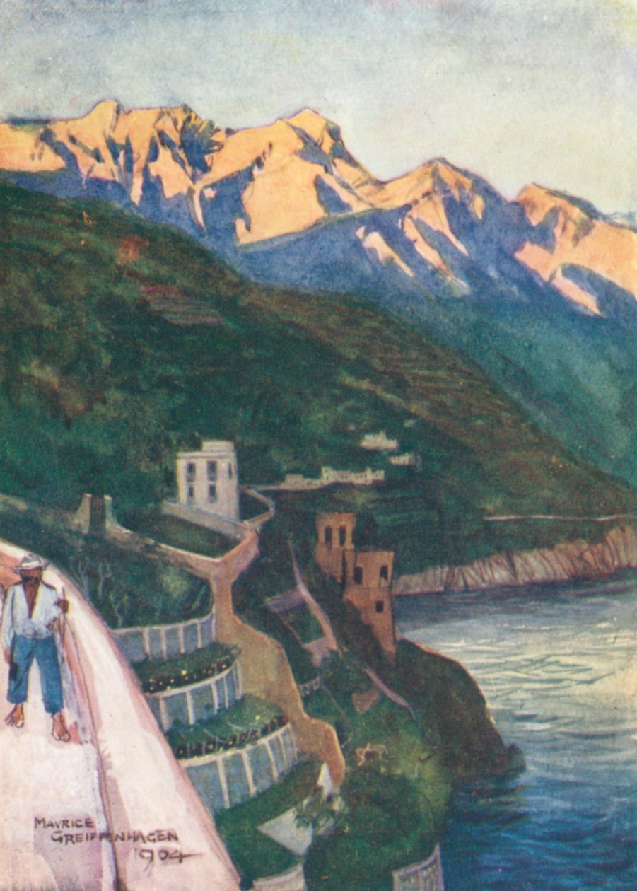 Minori bij zonsondergang (kleurenlitho) door Maurice (after) Greiffenhagen