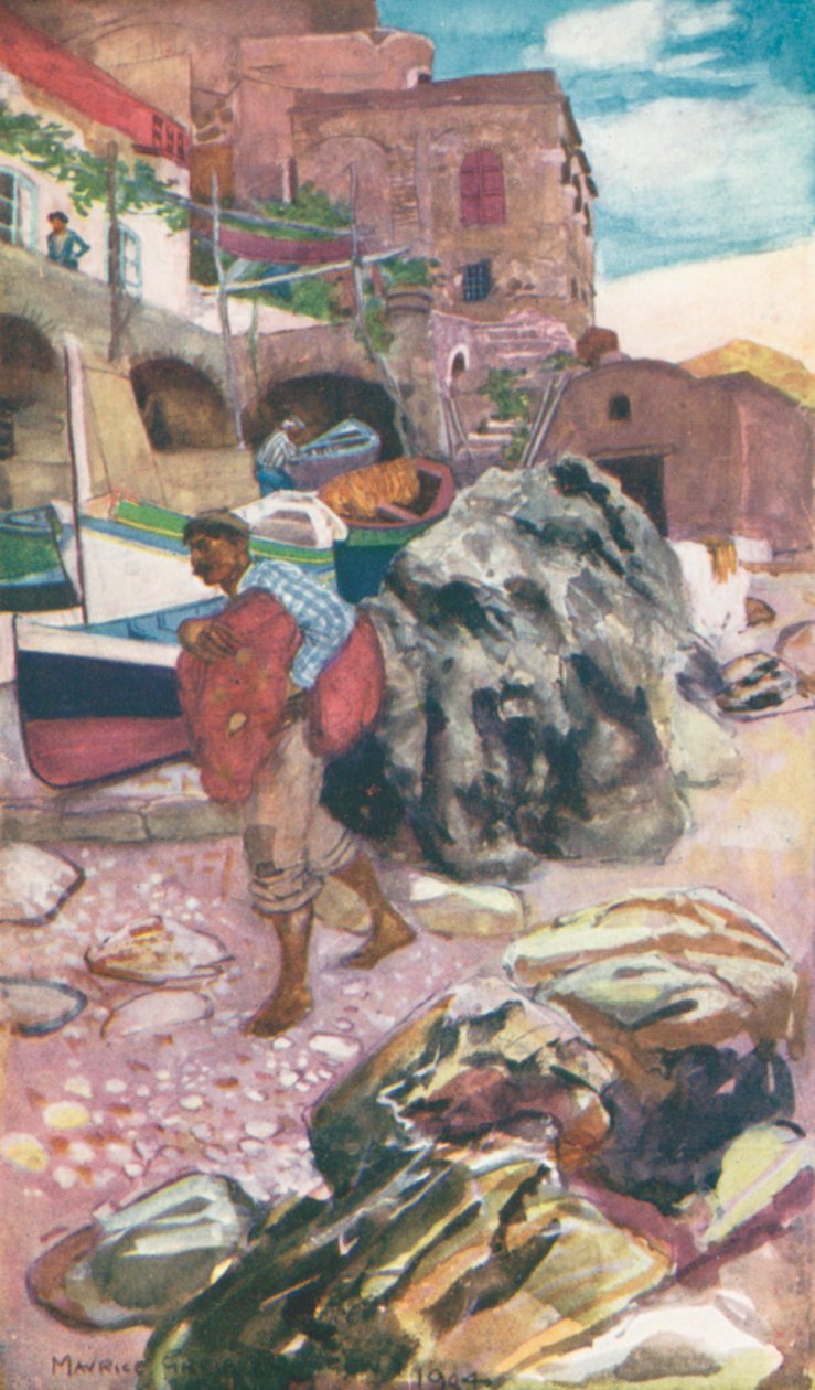 Op de Piccola Marina, Capri (kleurenlitho) door Maurice (after) Greiffenhagen