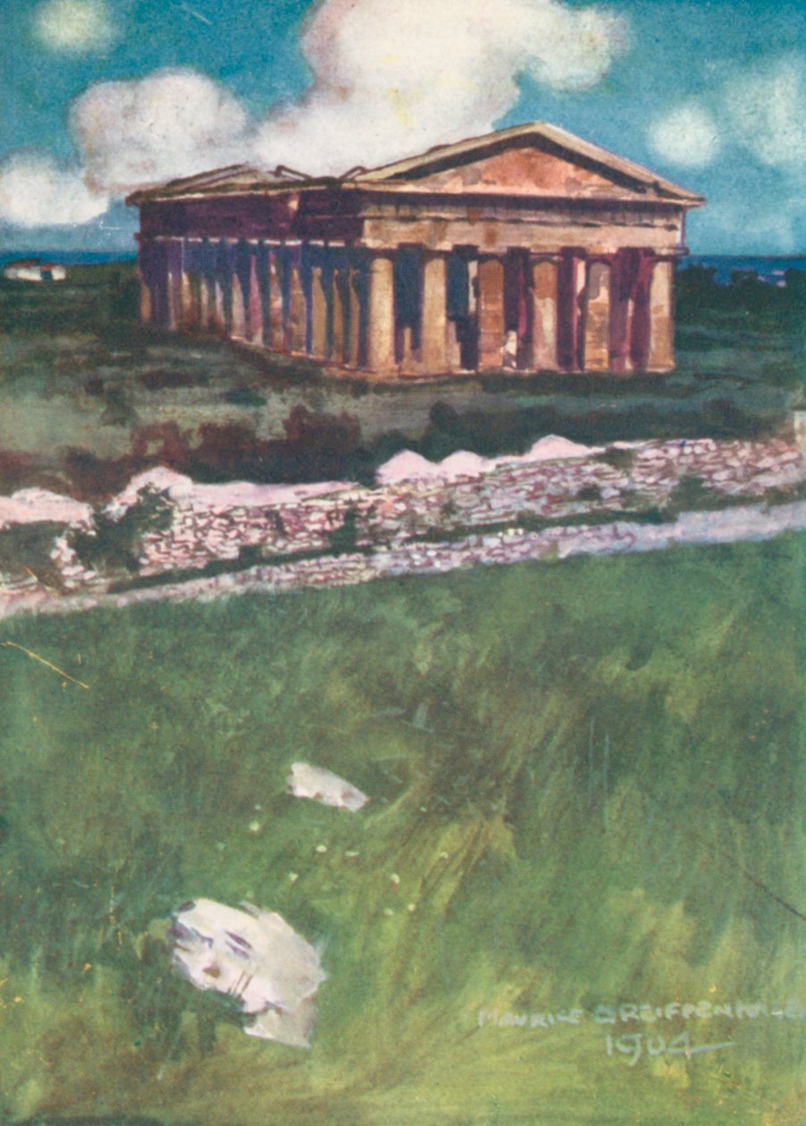 De tempel van Neptunus, Paestum (kleurenlitho) door Maurice (after) Greiffenhagen