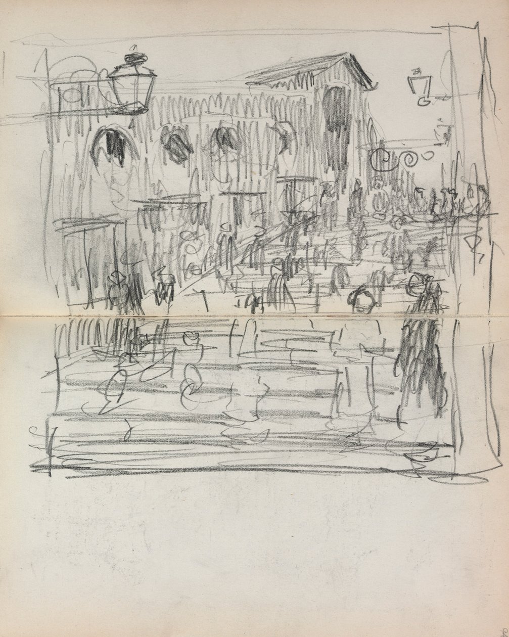 Italiaans schetsboek: Brug met figuren pagina 93 & 94, 1898-1899 door Maurice Brazil Prendergast