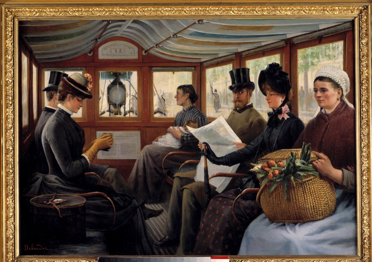 In de omnibus Passagiers nemen plaats in een omnibus door Maurice Delondre