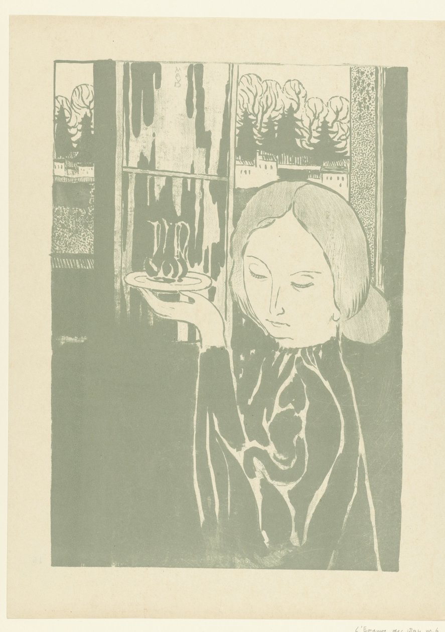 Vrouw met waterkan op dienblad door Maurice Denis
