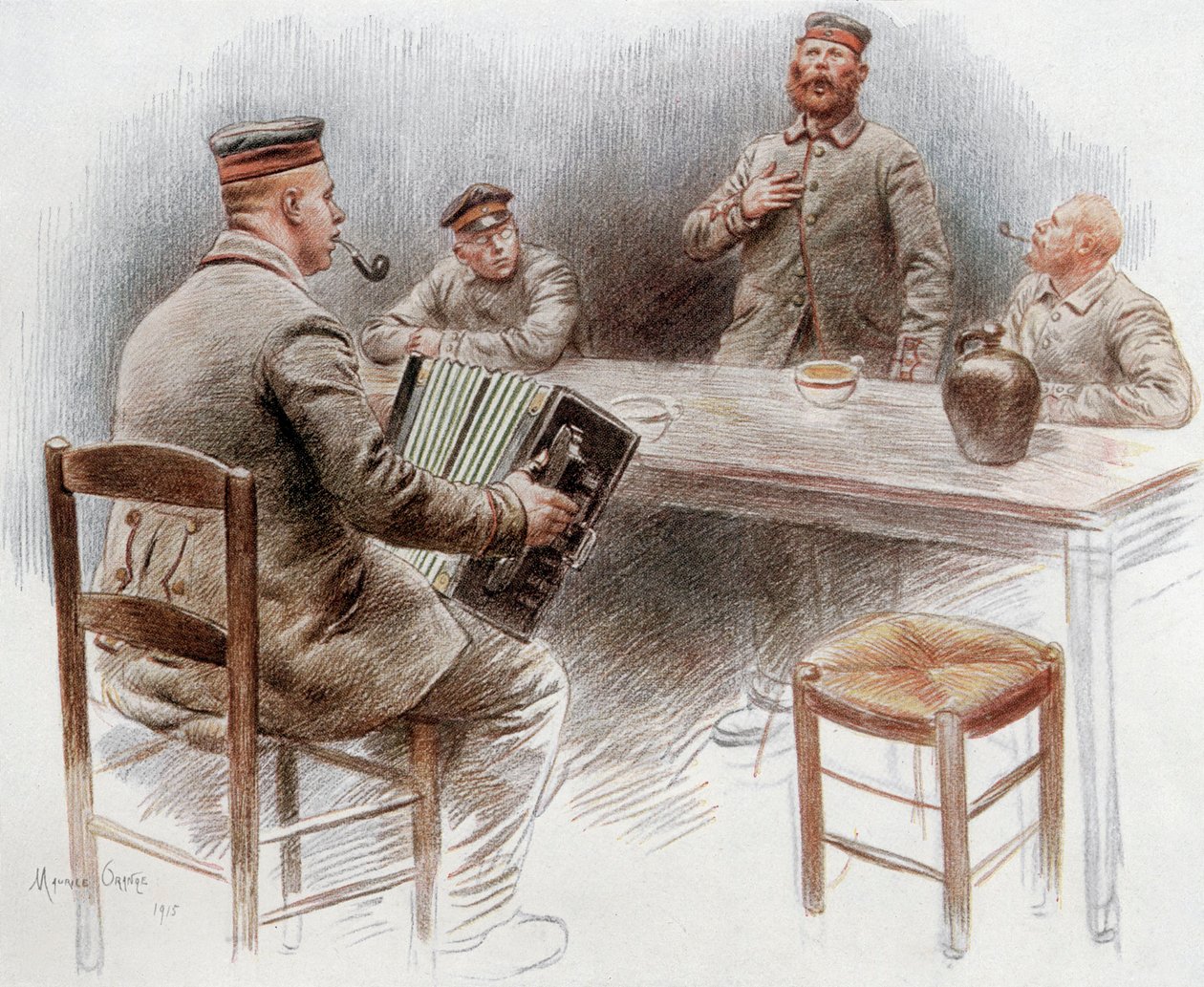 Gevangenen spelen accordeon en zingen in het gevangenenkamp in Dinan door Maurice Henri Orange