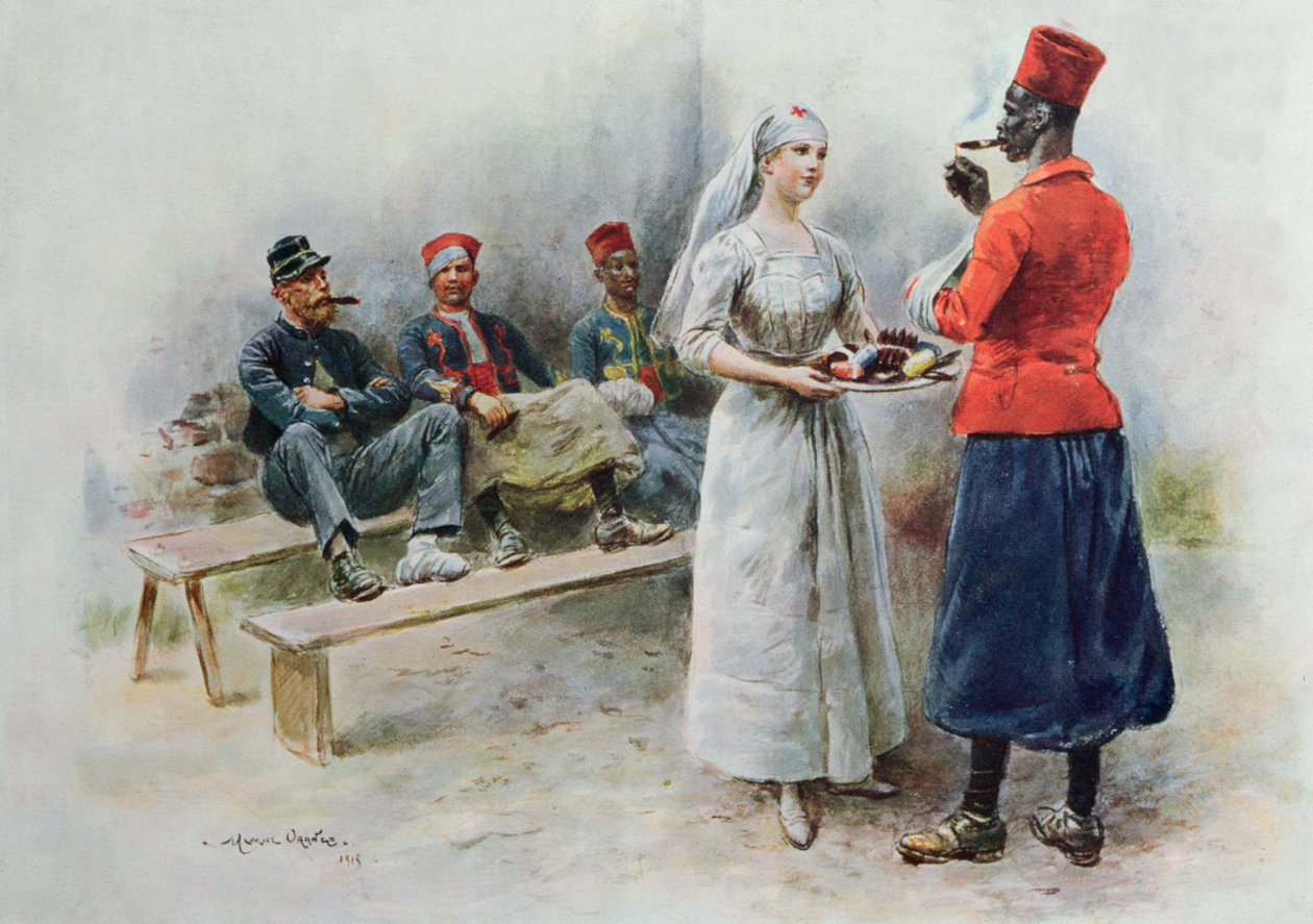 De favoriete verpleegster met Zouaven en soldaten tijdens de Eerste Wereldoorlog, 1915 door Maurice Henri Orange
