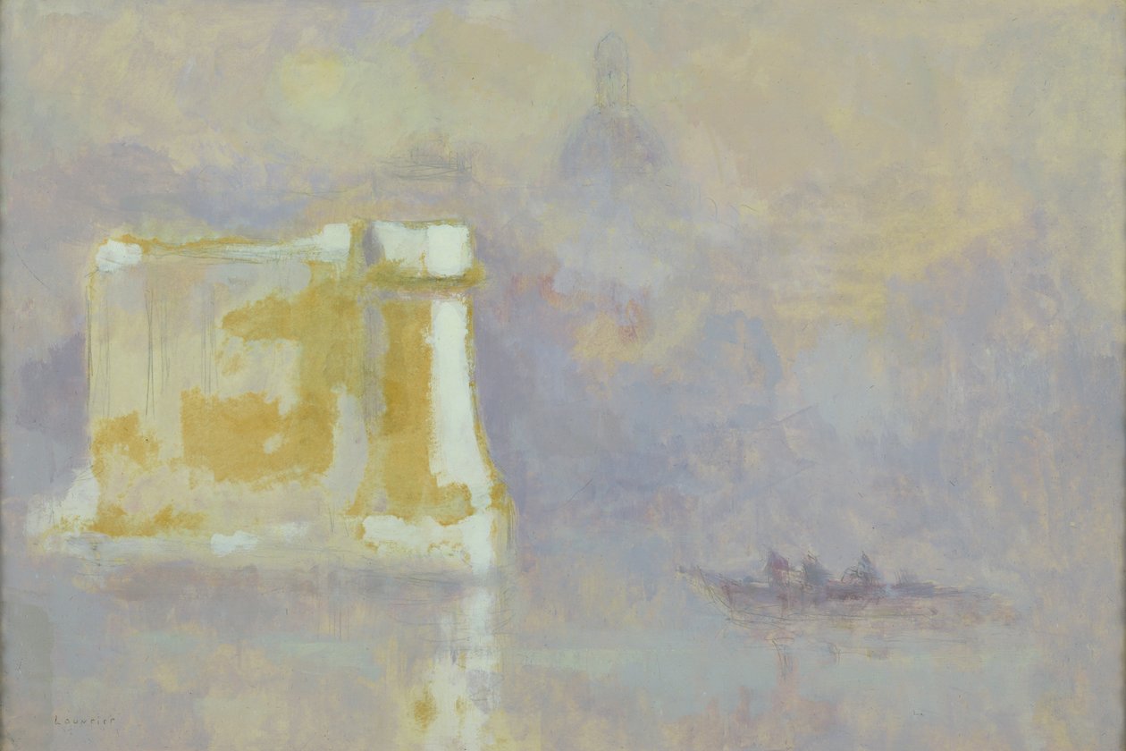 Witte stapel omringd door mist (aquarel op papier) door Maurice Louvrier