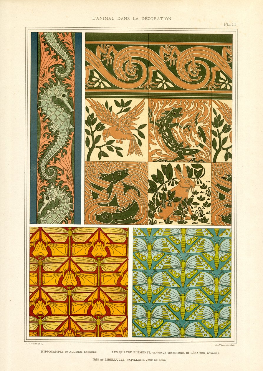 Dierenmotieven in Art Nouveau ornamenten (litho) door Maurice Pillard Verneuil