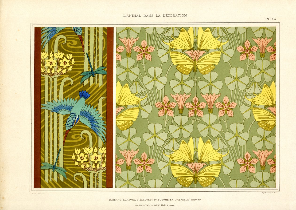 Vlinders en vogels als art nouveau-versiering (litho) door Maurice Pillard Verneuil