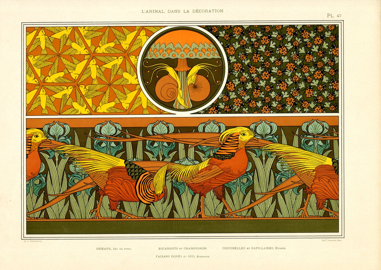 Decoratieve sierpatronen met fazanten, vogels en lieveheersbeestjes (litho) door Maurice Pillard Verneuil