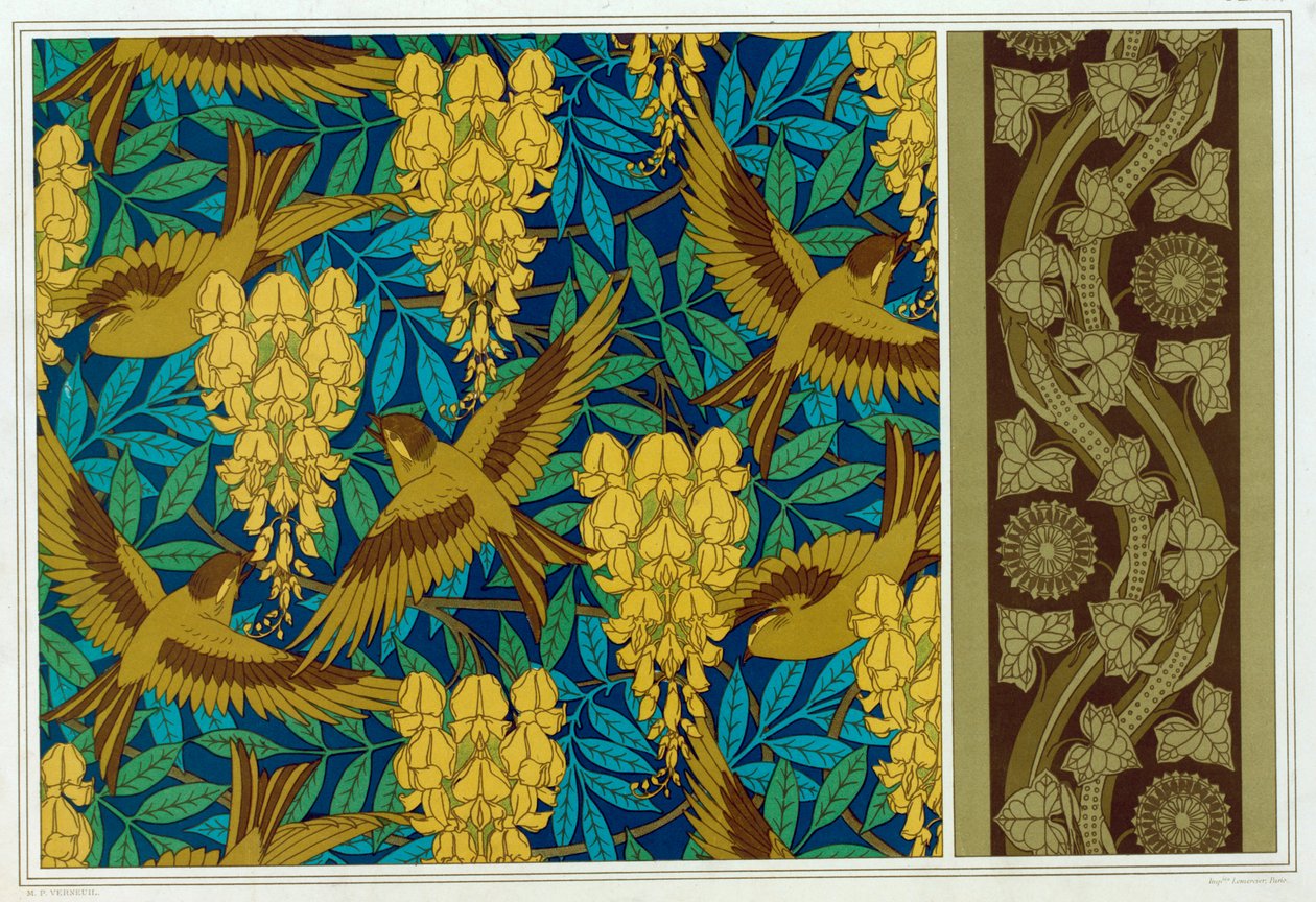 Ontwerpen voor vogels en Wisteria hangend en behangrand met hagedissen en klimop, pub. 1897 door Maurice Pillard Verneuil