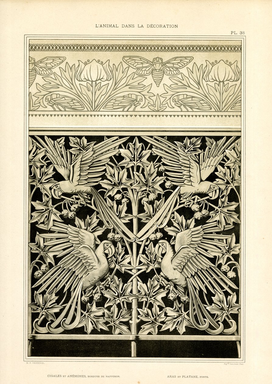 Ornamentale composities met papegaaien en krekels (litho) door Maurice Pillard Verneuil