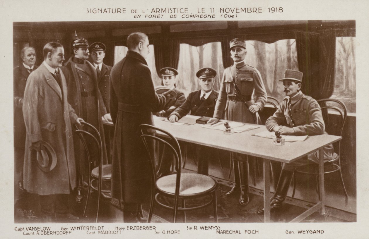 Ondertekening van de wapenstilstand ter beëindiging van de Eerste Wereldoorlog, Bos van Compiegne, Frankrijk door Maurice Pillard Verneuil