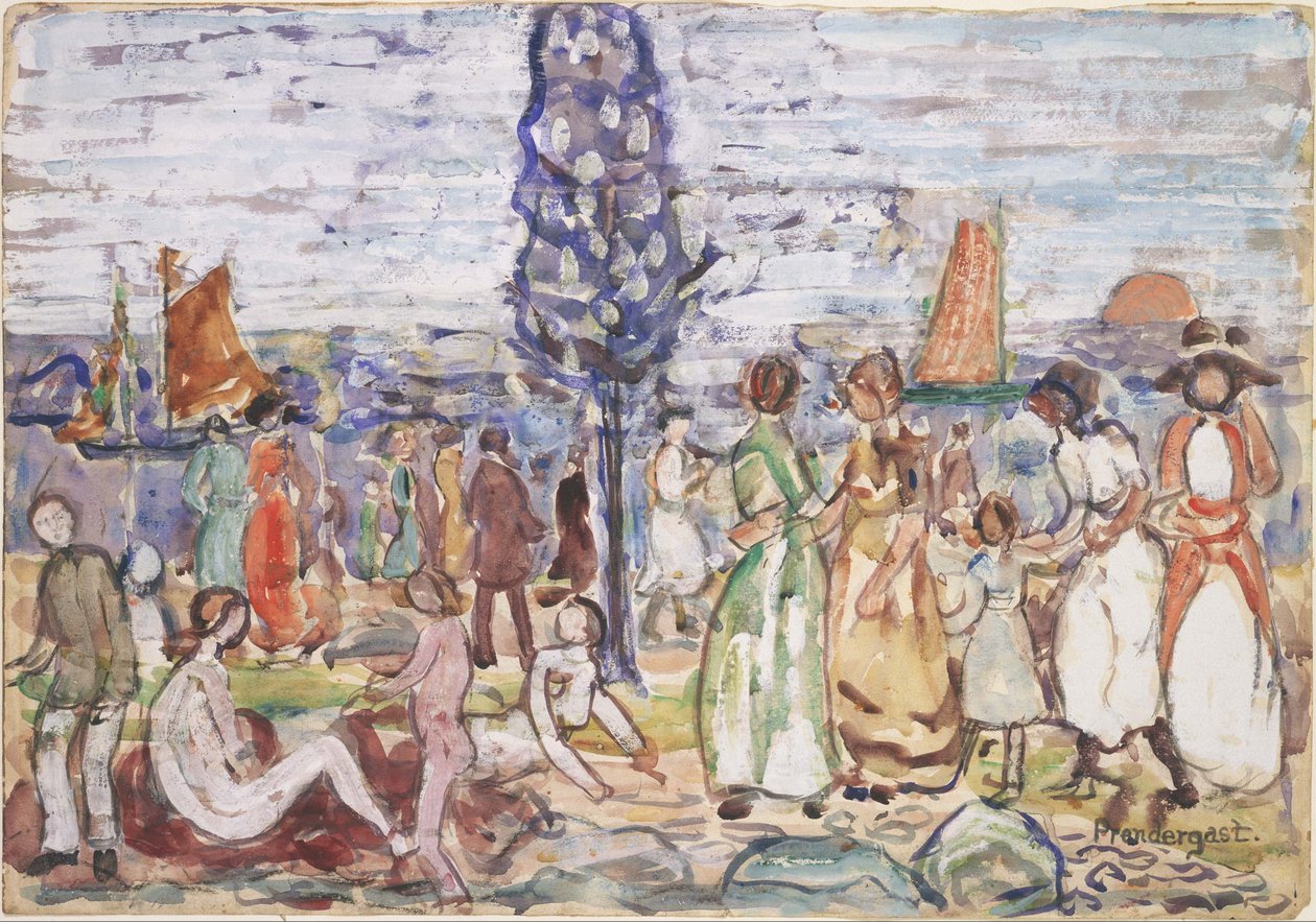 Strand met blauwe boom door Maurice Prendergast