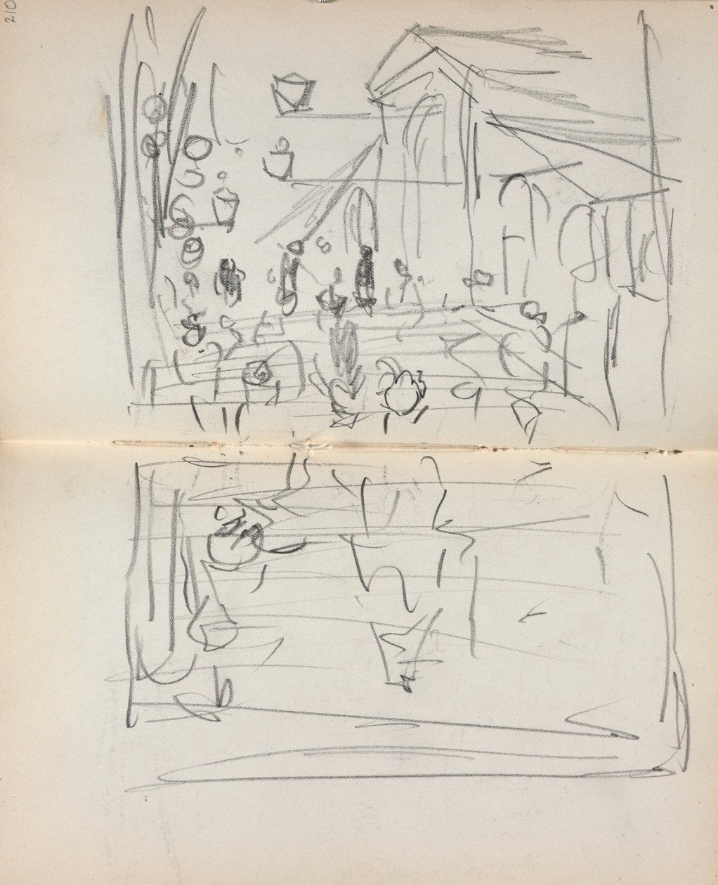 Italiaans schetsboek: Brug met figuren (pagina 209  210) door Maurice Prendergast
