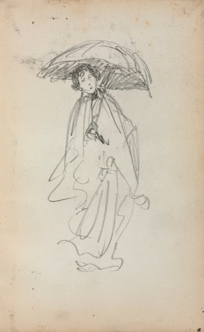 Italiaans schetsboek: Staande vrouw met parasol (pagina 259) door Maurice Prendergast