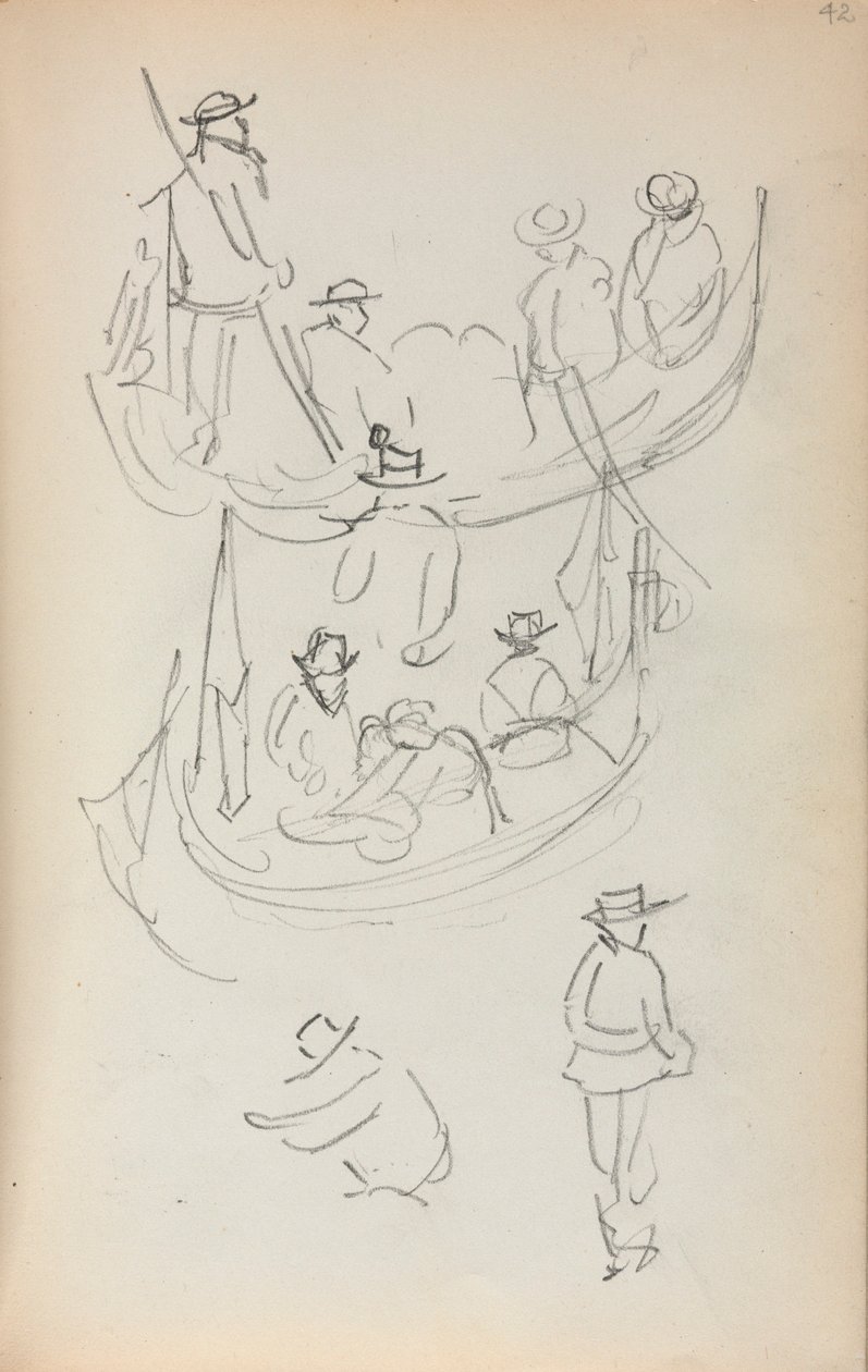 Italiaans schetsboek: Twee gondels met figuren door Maurice Prendergast