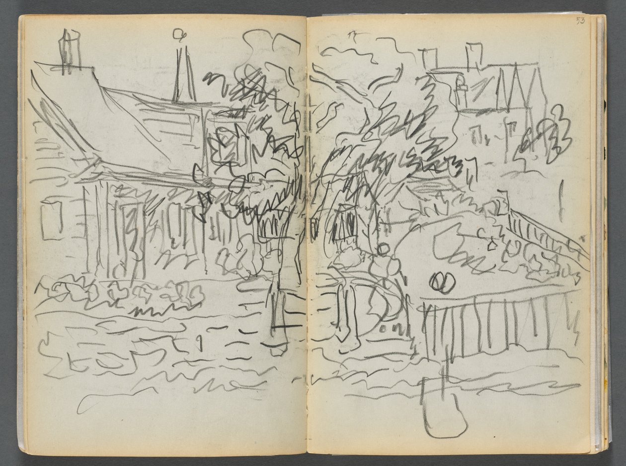Schetsboek - Het Granite Shore Hotel, Rockport, pagina 052  53: Huizen en tuinen door Maurice Prendergast