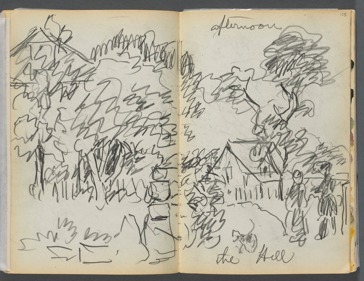 Schetsboek - The Granite Shore Hotel, Rockport, pagina 104- 105: "Middag, de heuvel". door Maurice Prendergast