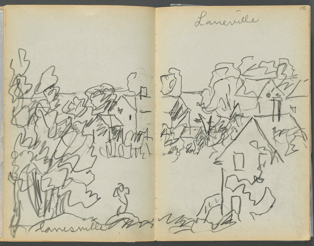 Schetsboek - The Granite Shore Hotel, Rockport, pagina 144  145: "Lanesville". door Maurice Prendergast