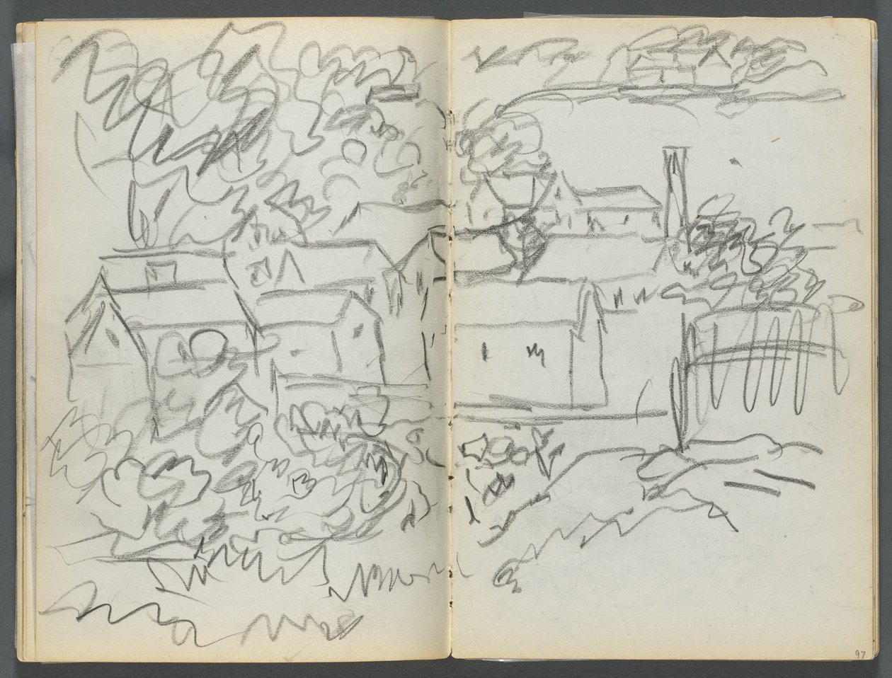 Schetsboek, De Dells, nr. 127, pagina 096  97: Landschap met huizen door Maurice Prendergast