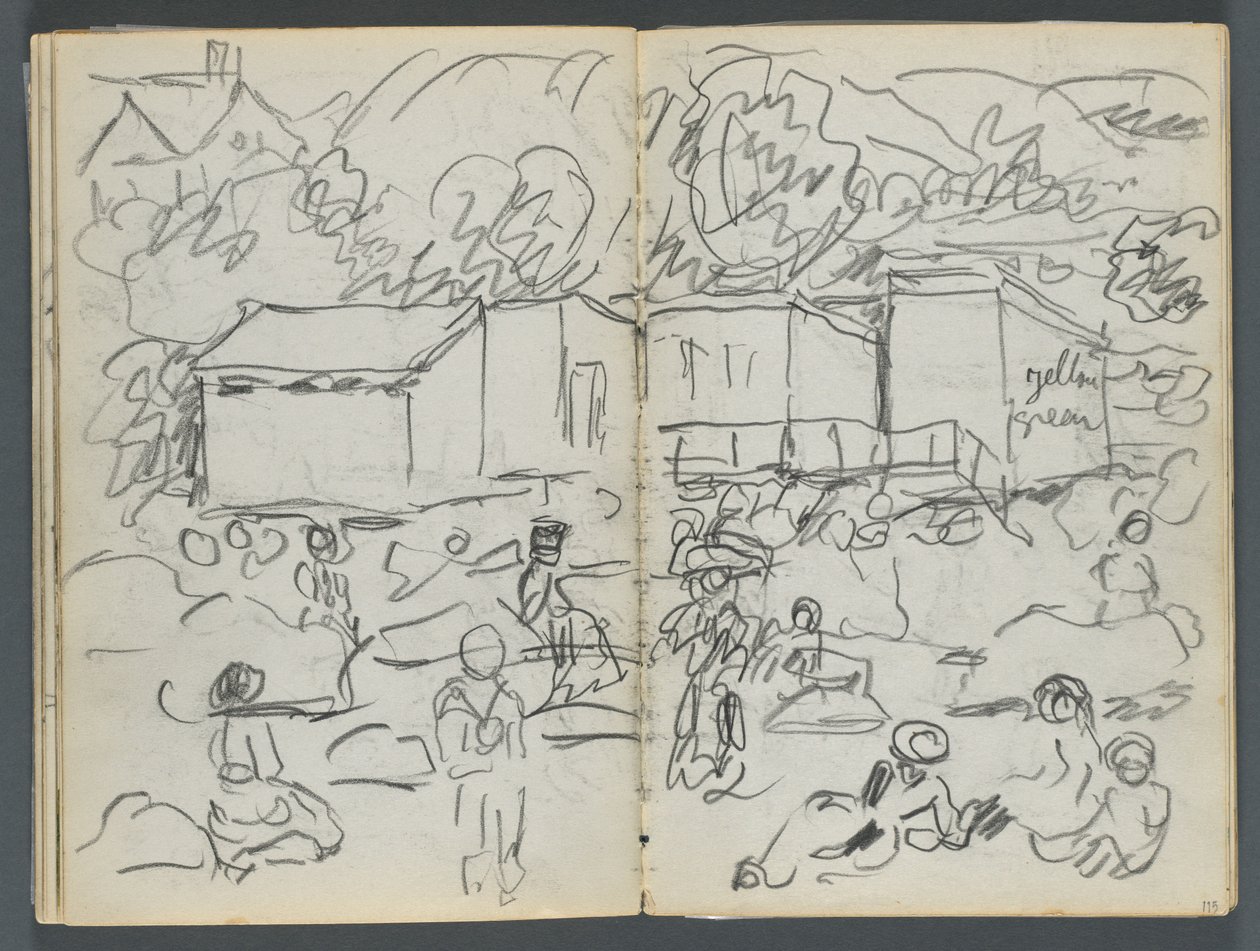 Schetsboek, The Dells, nr. 127, pagina 114  115: Landschap met figuren en gebouwen door Maurice Prendergast