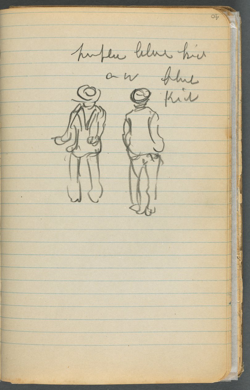 Schetsboek, pagina 040: Aantekeningen en twee figuren door Maurice Prendergast